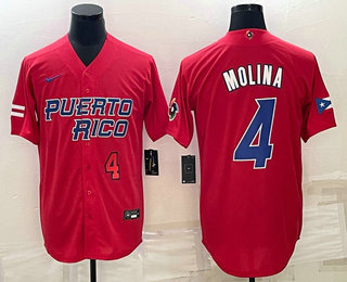 Men%27s Puerto Rico Baseball #4 Yadier Molina Number 2023 Red World Baseball Classic Stitched Jerseys